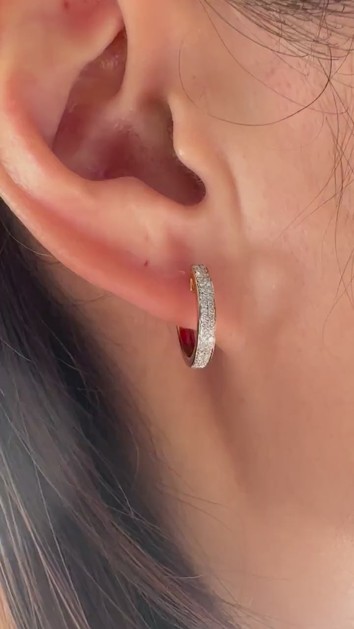 14K Solid Gold Genuine Diamond Pave Hoops/Huggies/Pair