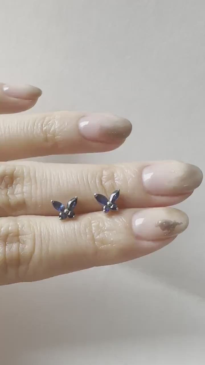 14K Solid Gold Genuine Sapphire Butterfly Studs/Pair