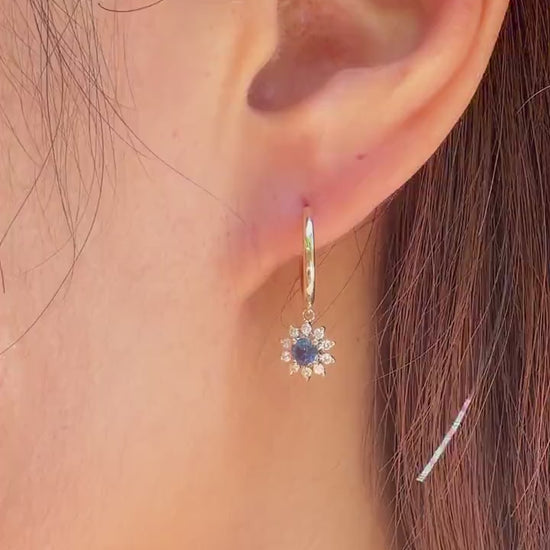 Natural Sapphire Diamond Sun Hoop Earrings, 14K Yellow Gold, Genuine Sapphire Dangle, September Birthstone Gift