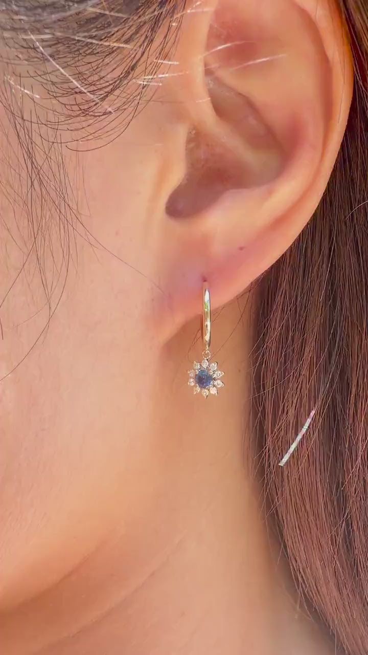 Natural Sapphire Diamond Sun Hoop Earrings, 14K Yellow Gold, Genuine Sapphire Dangle, September Birthstone Gift