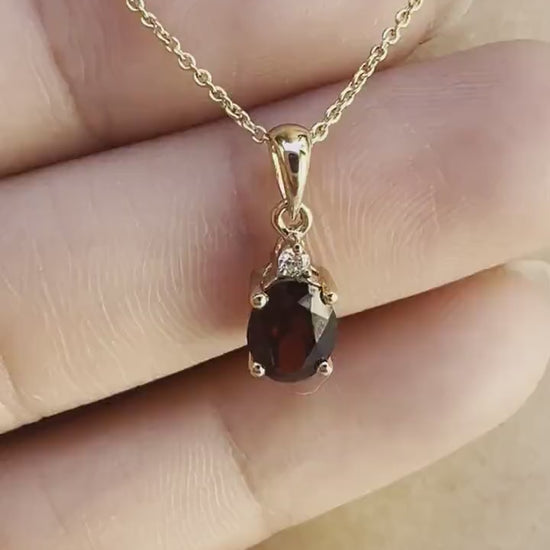 14K Solid Gold Genuine Oval Garnet and Diamond Pendant