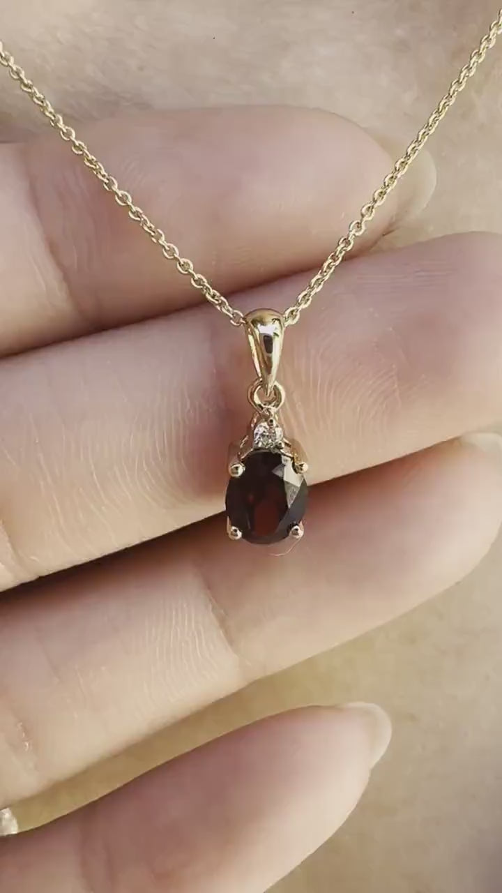 14K Solid Gold Genuine Oval Garnet and Diamond Pendant