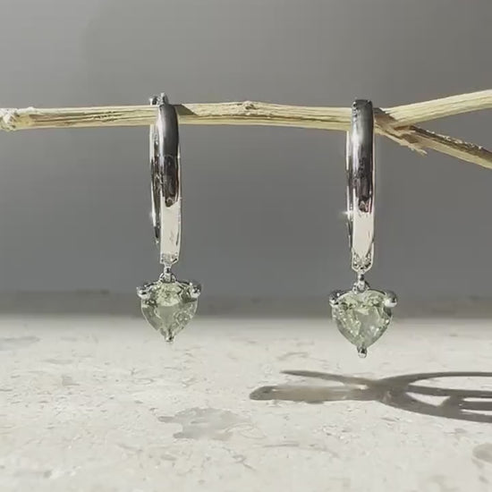 14K Solid Gold Genuine Green Sapphire Heart Huggies/Hoops/Pair