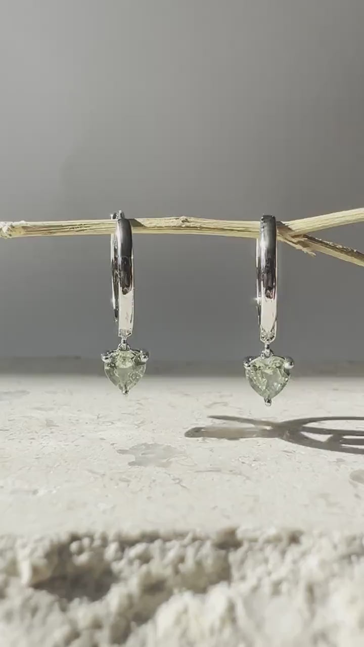 14K Solid Gold Genuine Green Sapphire Heart Huggies/Hoops/Pair