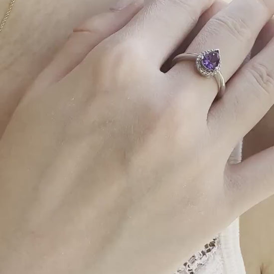 Amethyst Diamond Ring, 14K Solid White Gold Halo Engagement Ring, Genuine Pear Amethyst Ring, February Birthstone Gift for Her