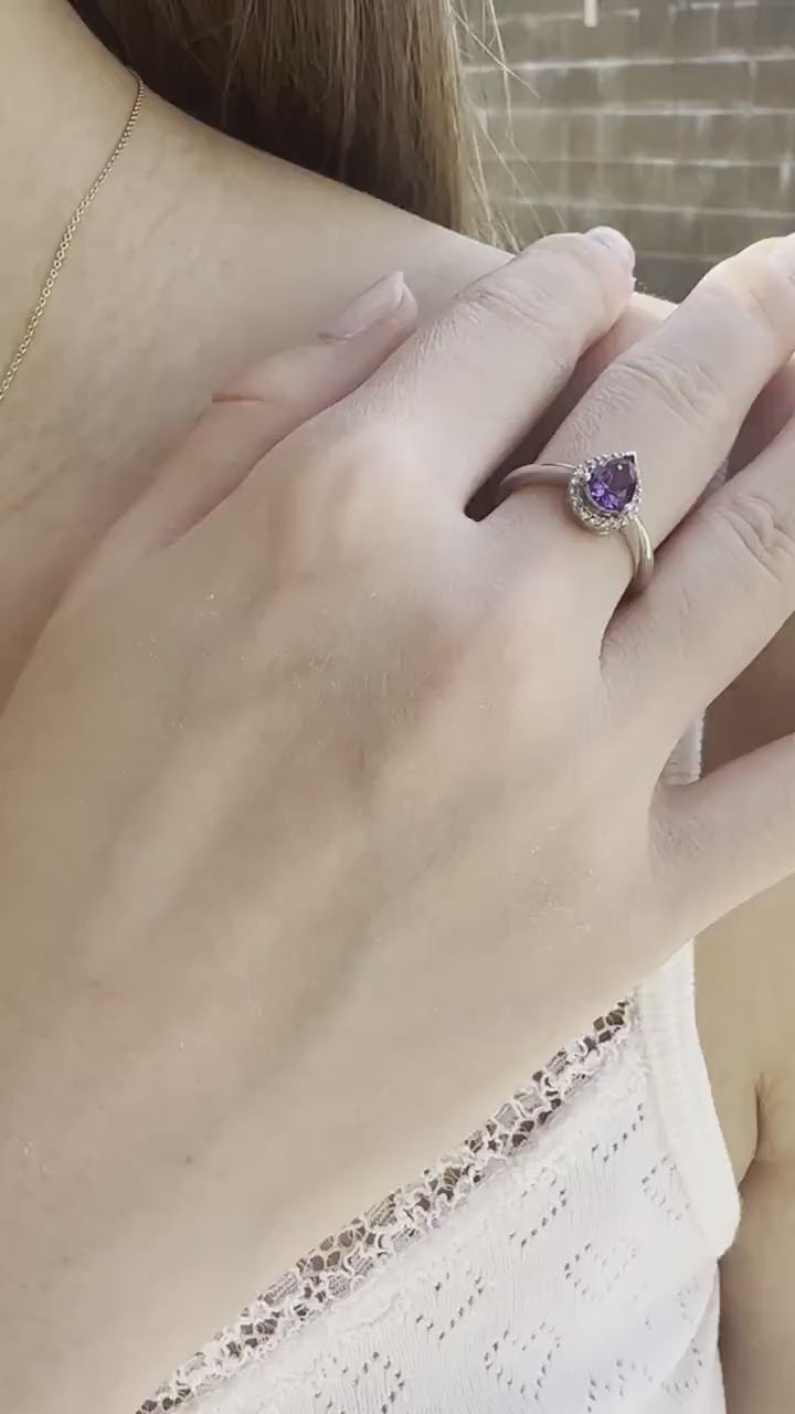 Amethyst Diamond Ring, 14K Solid White Gold Halo Engagement Ring, Genuine Pear Amethyst Ring, February Birthstone Gift for Her