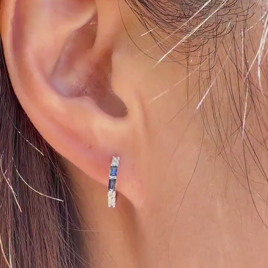 Natural Sapphire Diamond Huggie Hoop Earrings, 14K Solid Gold, Genuine Baguette Sapphire Hoops, September Birthstone Gift
