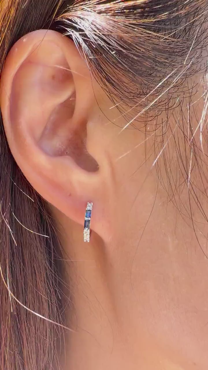Natural Sapphire Diamond Huggie Hoop Earrings, 14K Solid Gold, Genuine Baguette Sapphire Hoops, September Birthstone Gift