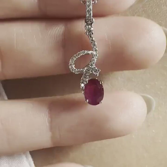 18K Solid White Gold Genuine Diamond and Ruby Dangle Pendant