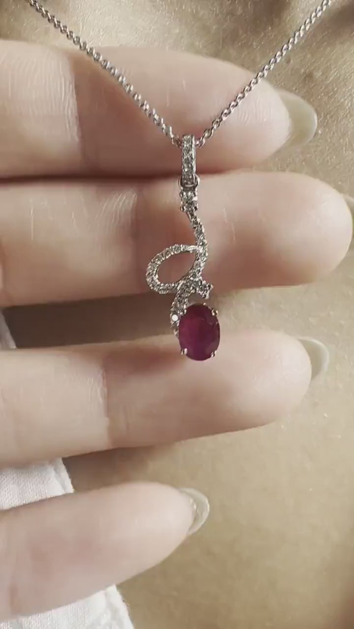 18K Solid White Gold Genuine Diamond and Ruby Dangle Pendant