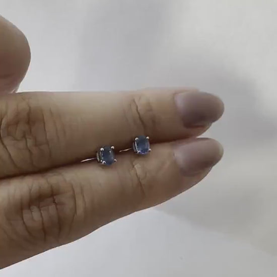 14K Solid Gold Genuine Ceylon Oval Sapphire Studs/Pair