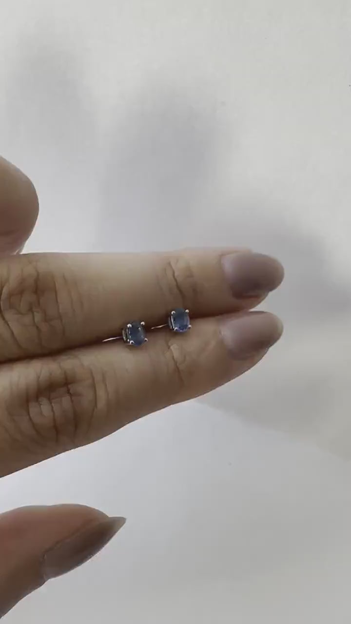 14K Solid Gold Genuine Ceylon Oval Sapphire Studs/Pair