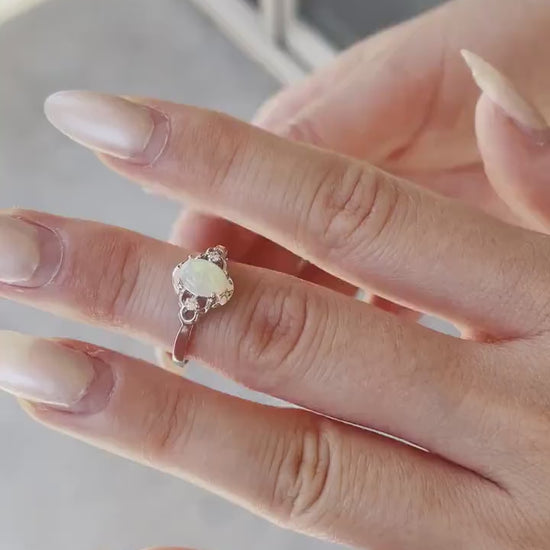 14K Solid Gold Genuine Opal and Diamond Ring