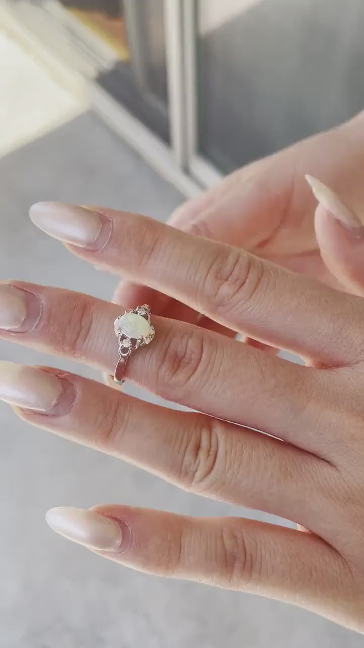 14K Solid Gold Genuine Opal and Diamond Ring