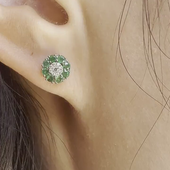 18K Solid White Gold Genuine Emerald and Pave Diamond Flower Studs/Pair
