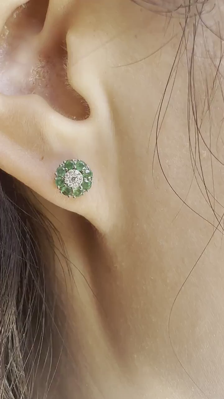 18K Solid White Gold Genuine Emerald and Pave Diamond Flower Studs/Pair