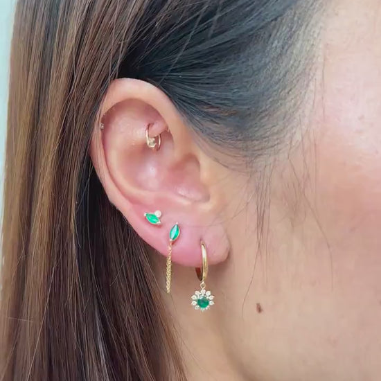 14K Solid Gold Genuine Marquise Emerald Chain Earrings/Pair