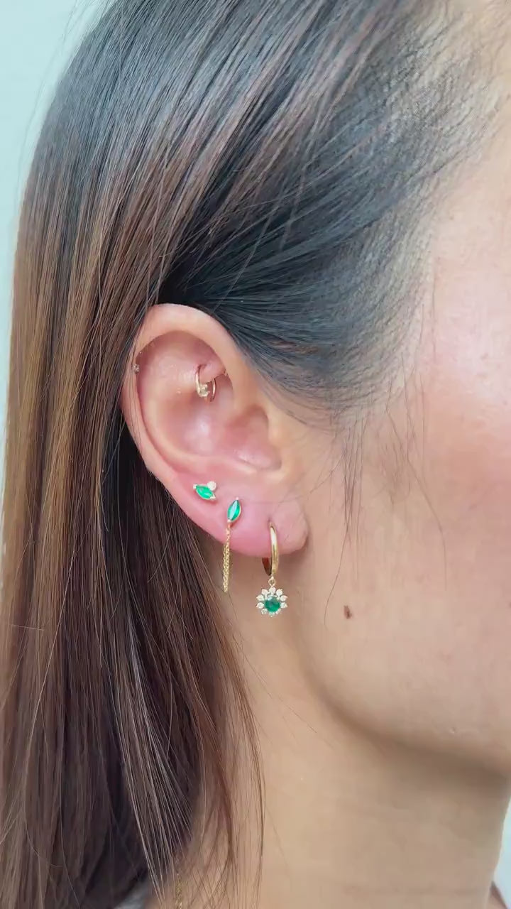14K Solid Gold Genuine Marquise Emerald Chain Earrings/Pair