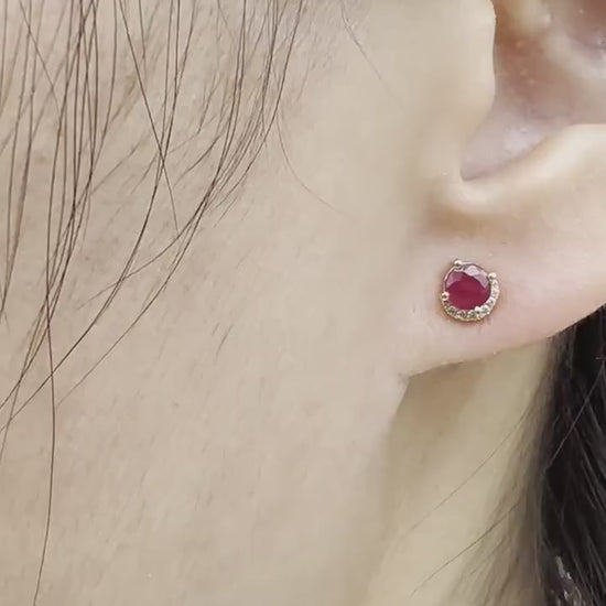 14K Solid Gold Ruby Stud Earrings | Natural Ruby Diamond Crescent Studs | July Birthstone Earrings | Solid Gold Fine Jewelry Gift for Her