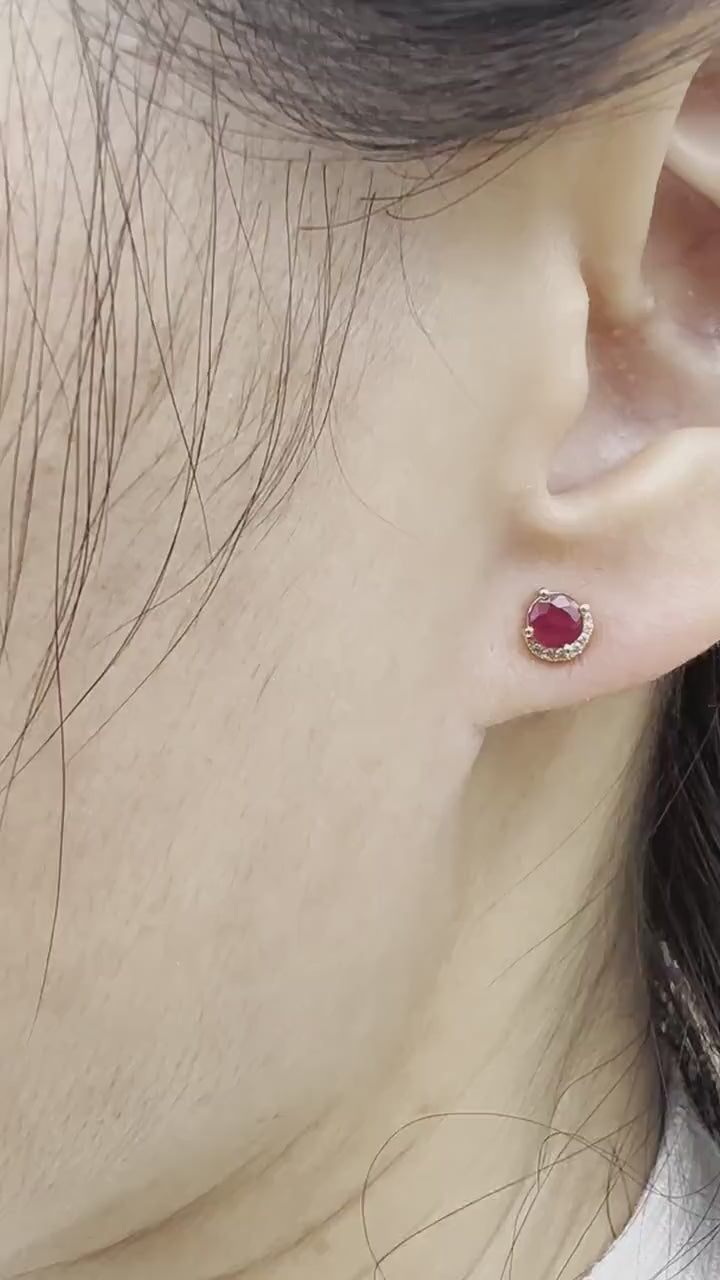 14K Solid Gold Ruby Stud Earrings | Natural Ruby Diamond Crescent Studs | July Birthstone Earrings | Solid Gold Fine Jewelry Gift for Her