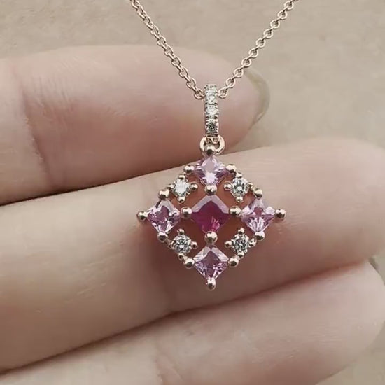 14K Solid Gold Genuine Pink Sapphire, Ruby and Diamond Pendant