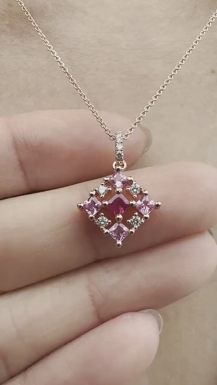 14K Solid Gold Genuine Pink Sapphire, Ruby and Diamond Pendant