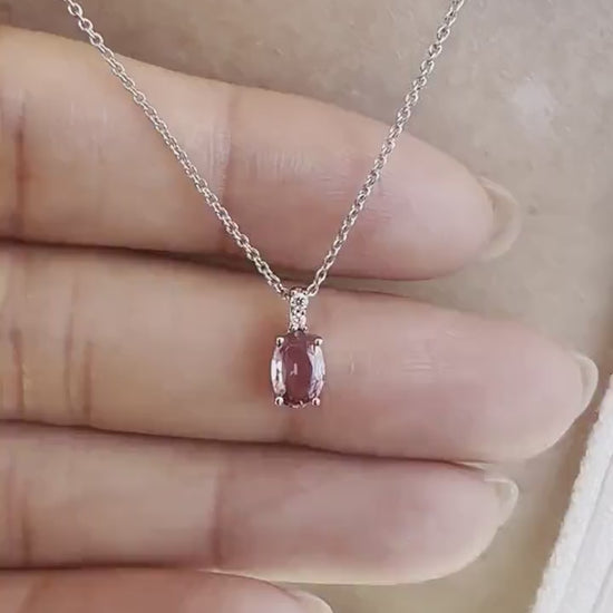 14K Solid Gold Diamond and Oval Pink Sapphire Pendant
