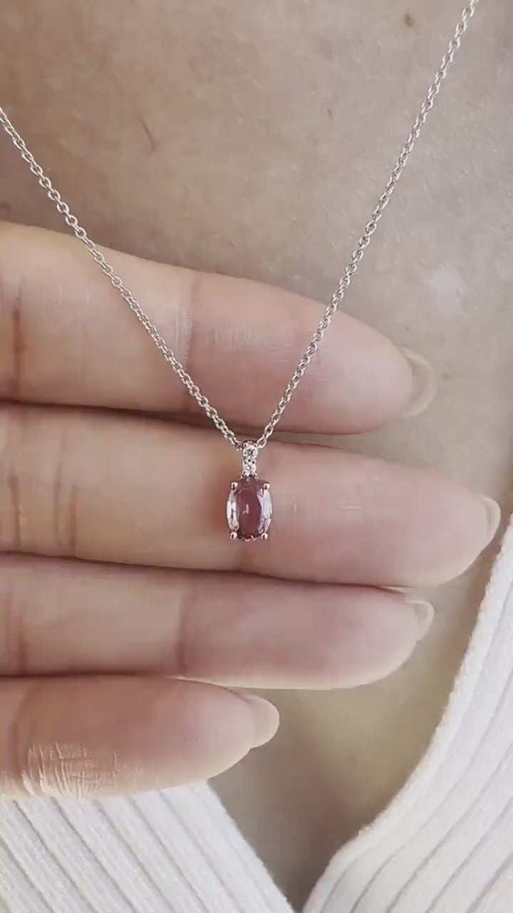 14K Solid Gold Diamond and Oval Pink Sapphire Pendant
