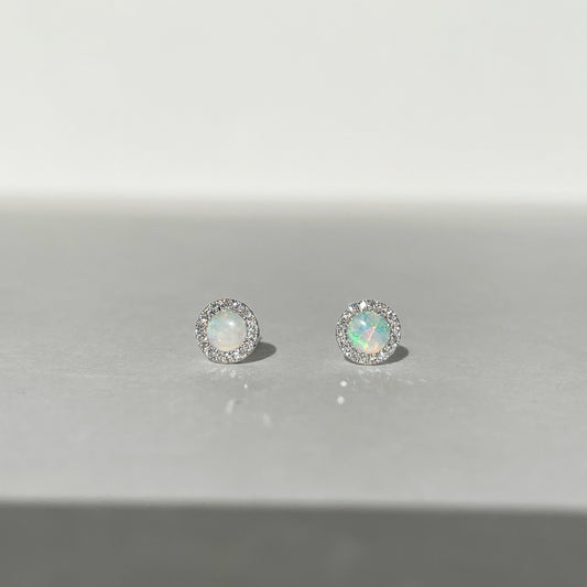 14K Solid Gold Opal and Diamond Studs