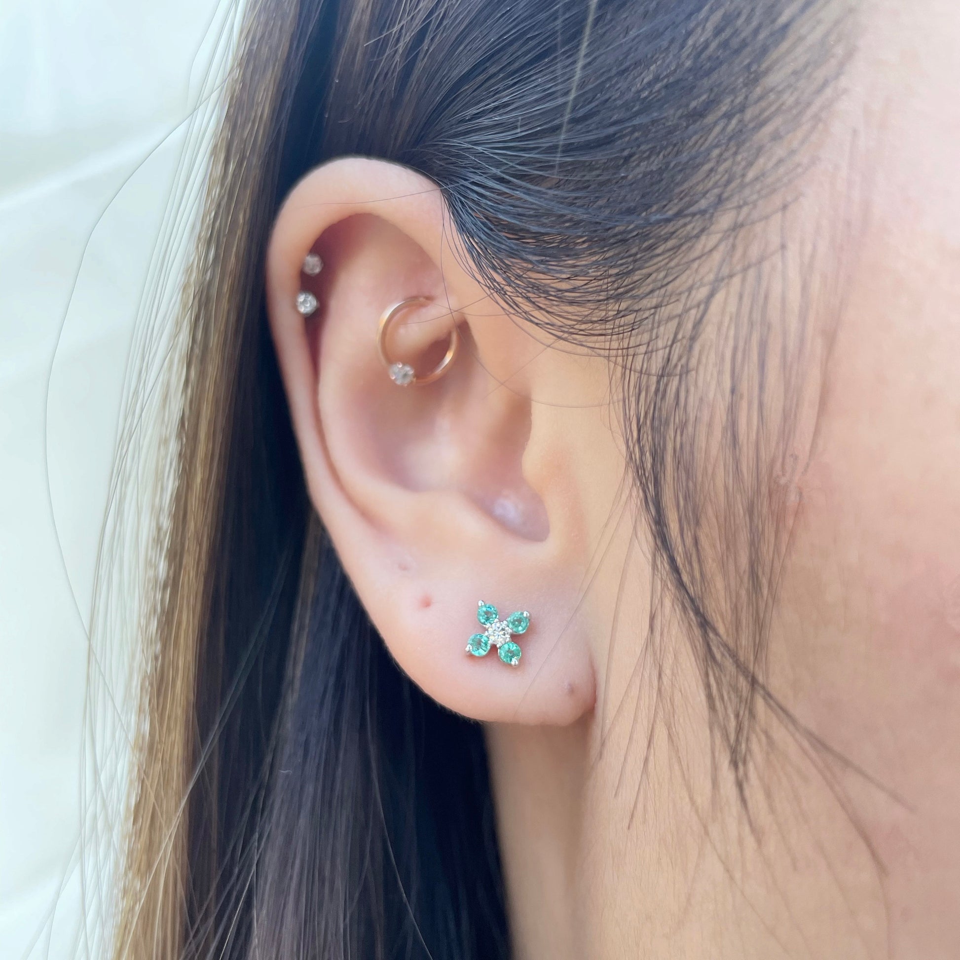 14K Solid Gold Emerald Flower Studs