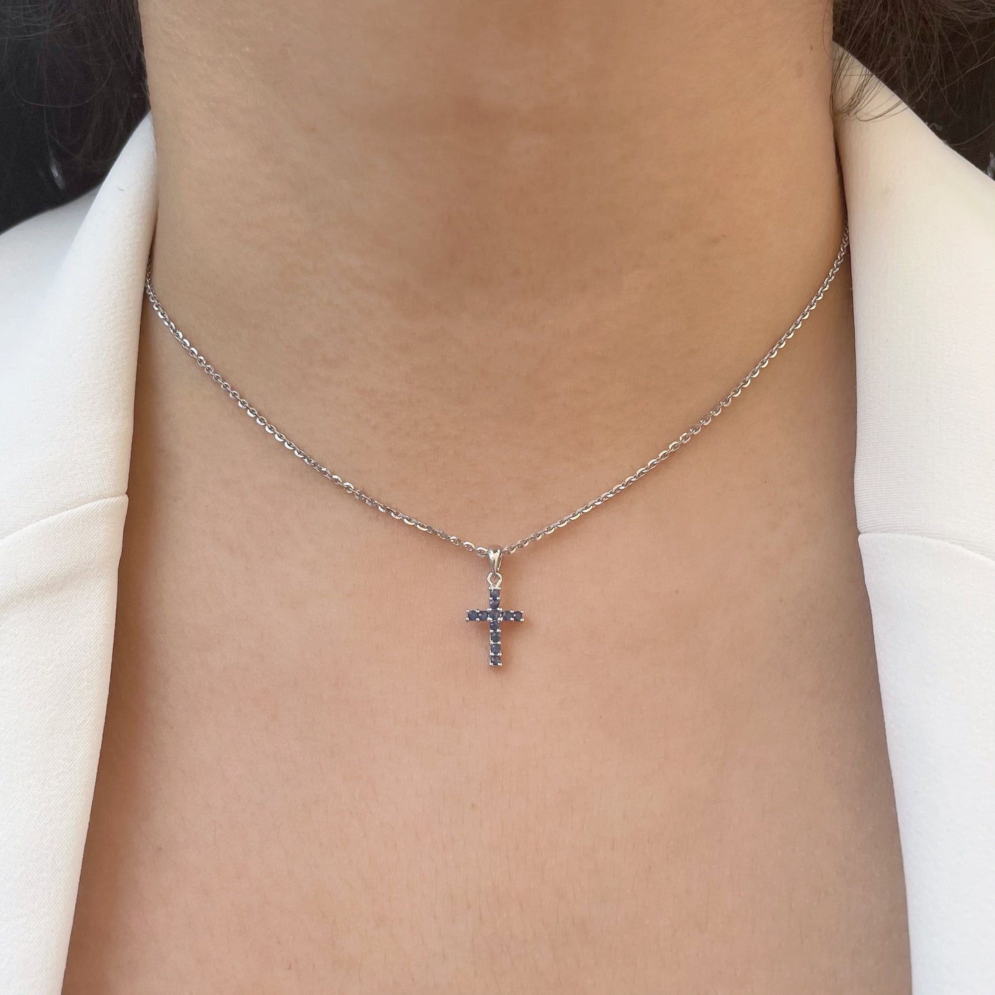 14K Solid Gold Sapphire Cross Pendant