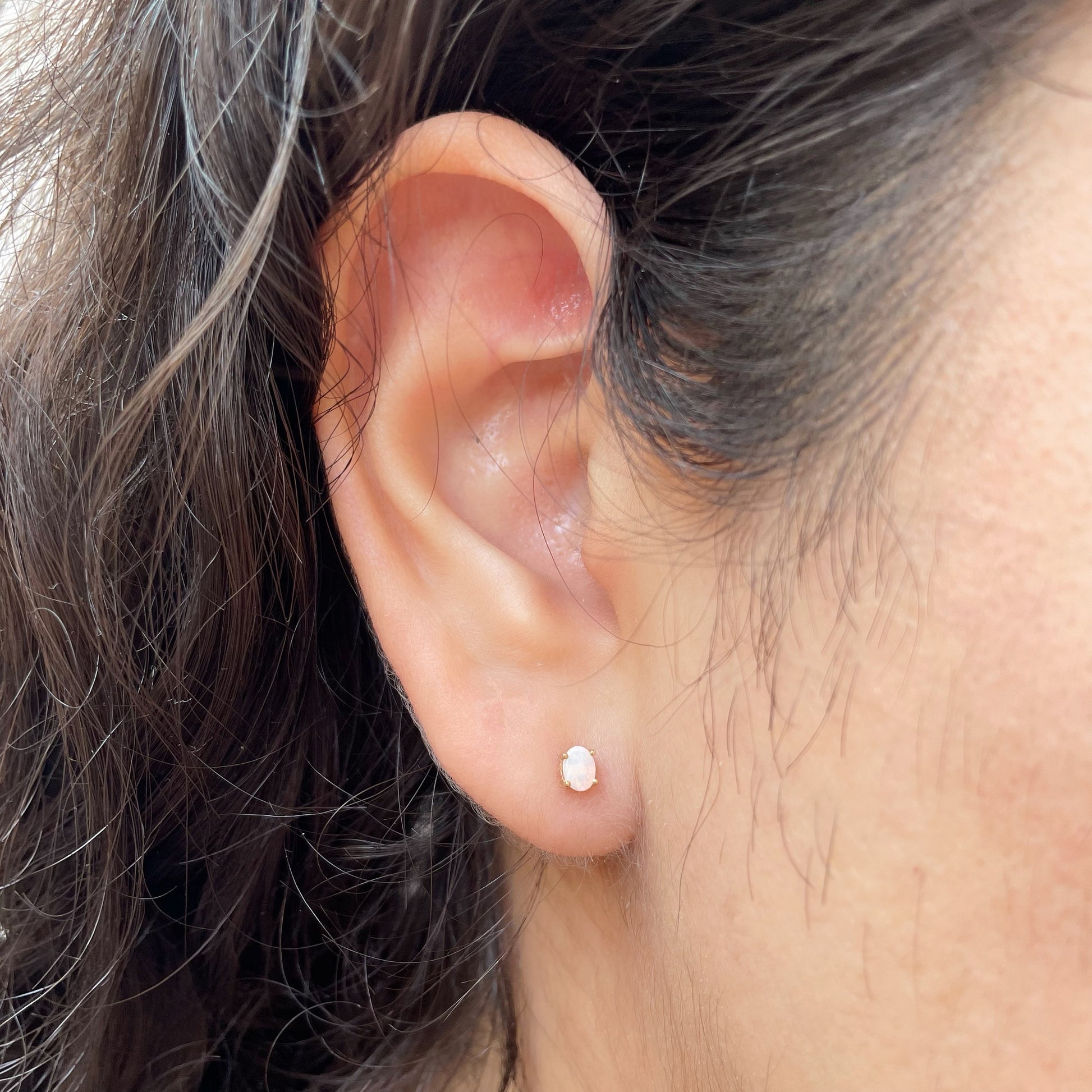 14K Solid Gold Oval Opal Studs