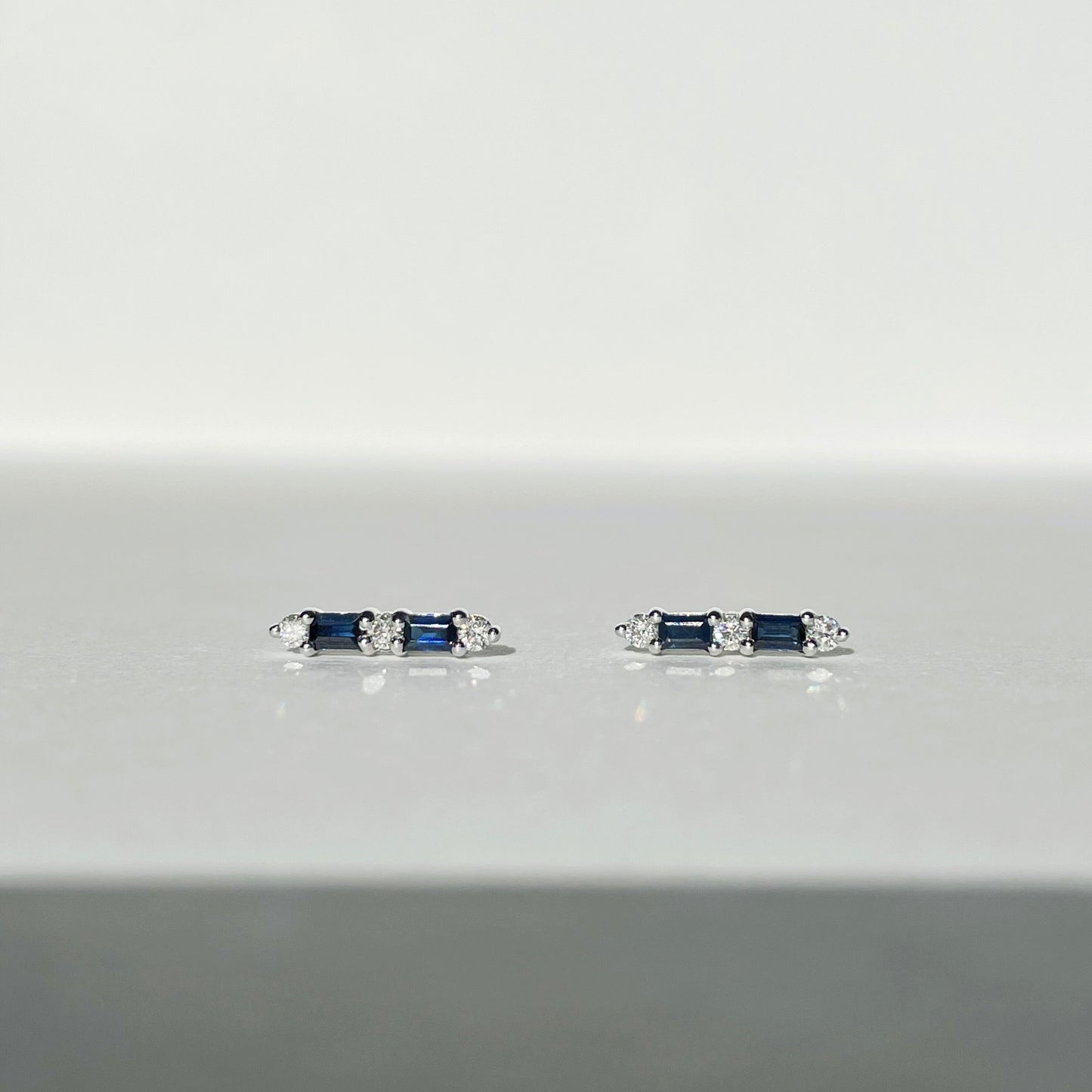 14K Solid Gold Sapphire and Diamond Bar Studs