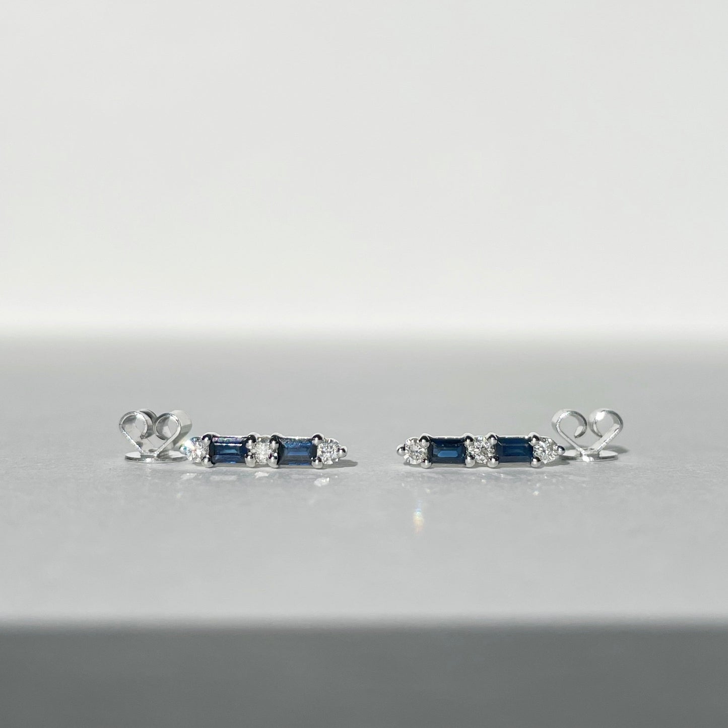 14K Solid Gold Sapphire and Diamond Bar Studs