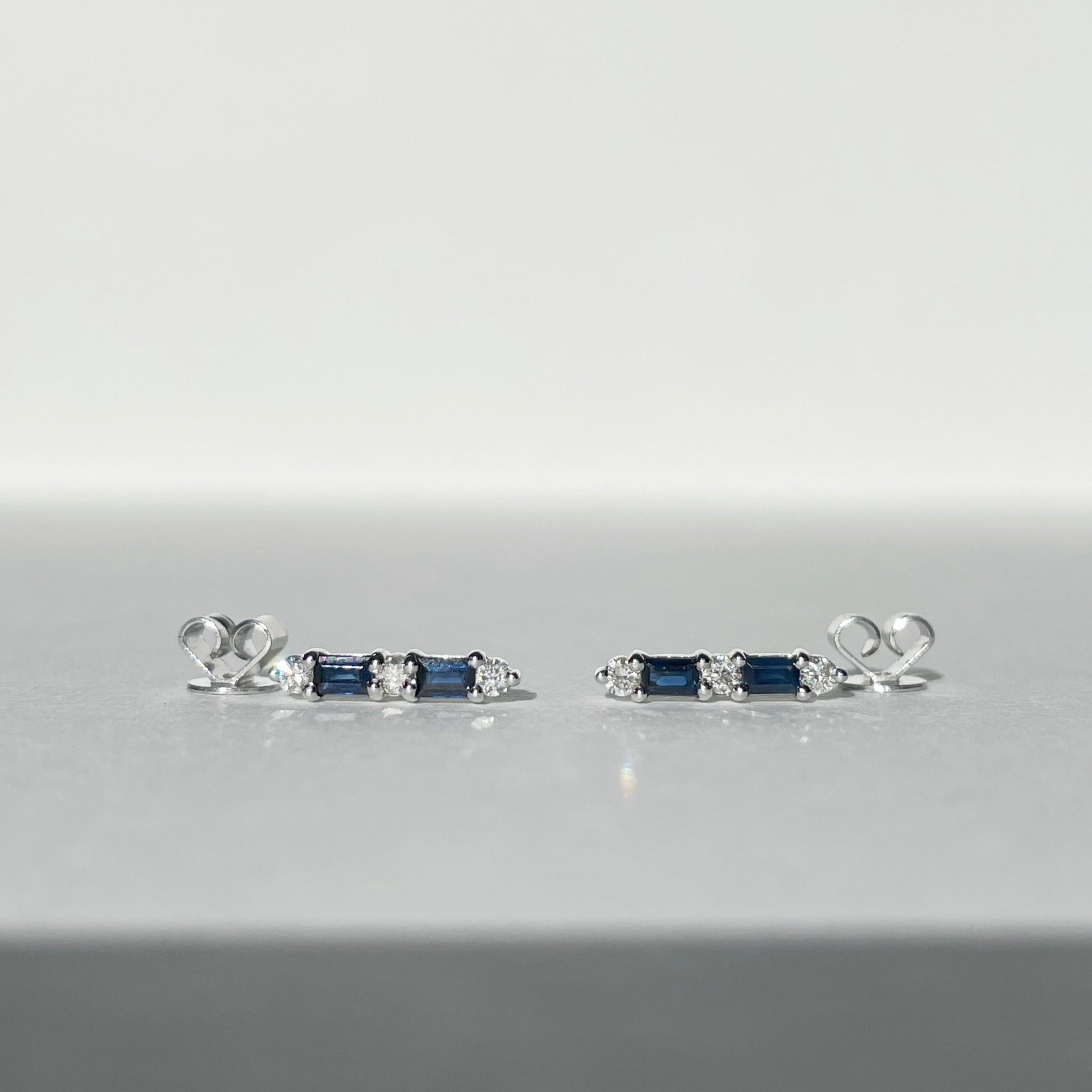 14K Solid Gold Sapphire and Diamond Bar Studs