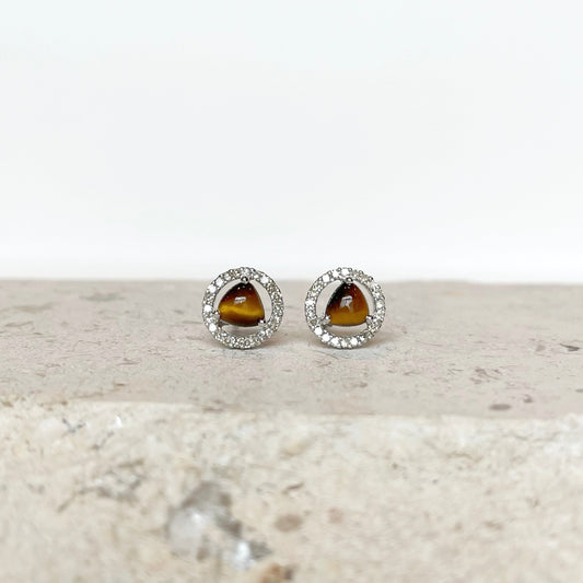 14K Solid Gold Diamond and Tiger Eye Halo Studs