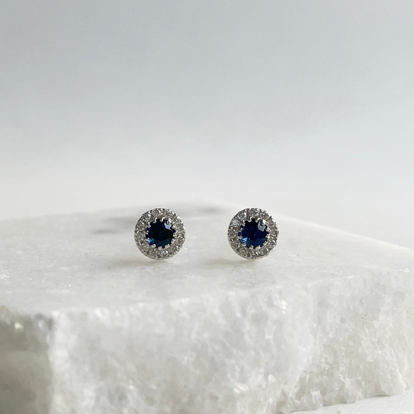 14K Solid Gold Genuine Sapphire and Diamond Round Studs