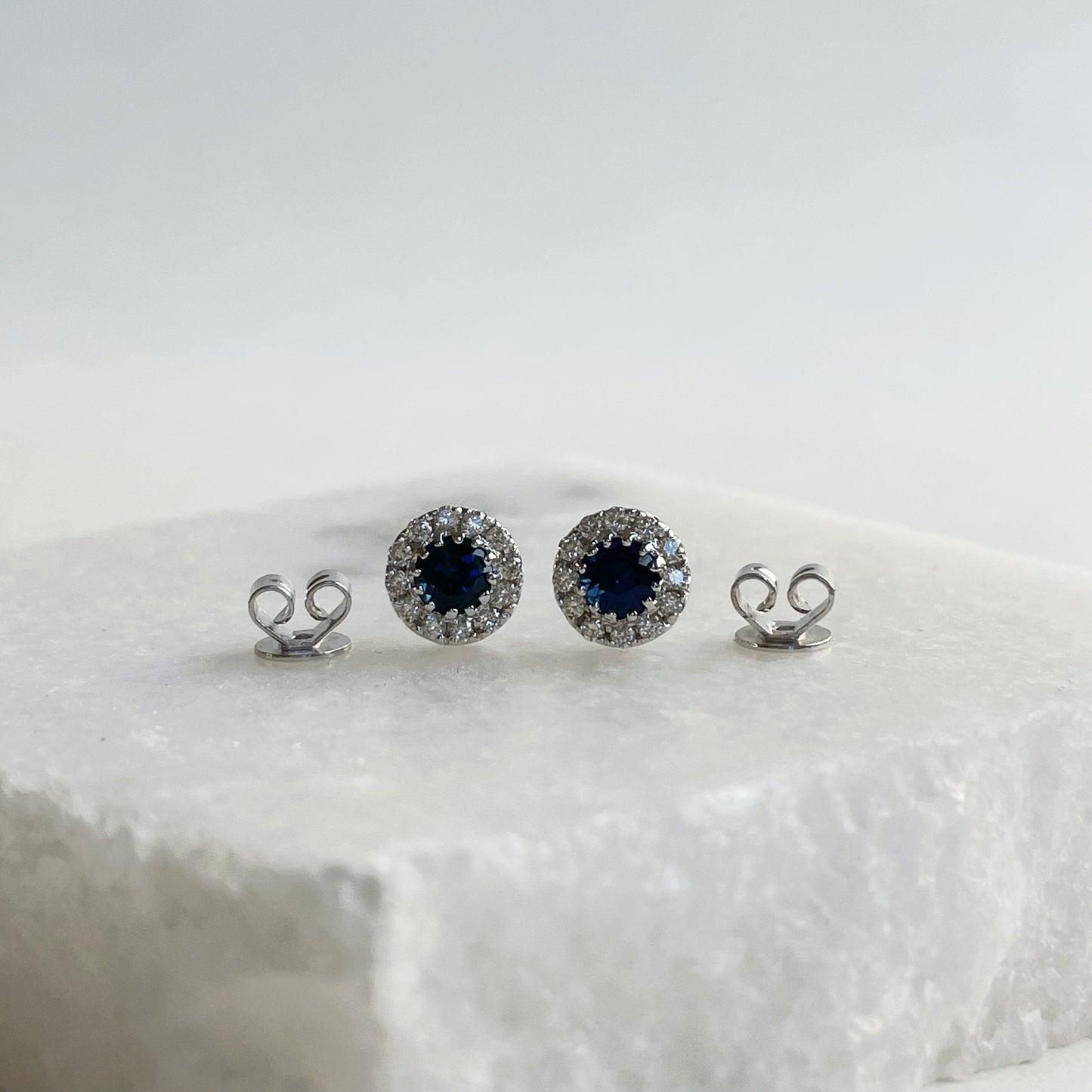 14K Solid Gold Genuine Sapphire and Diamond Round Studs