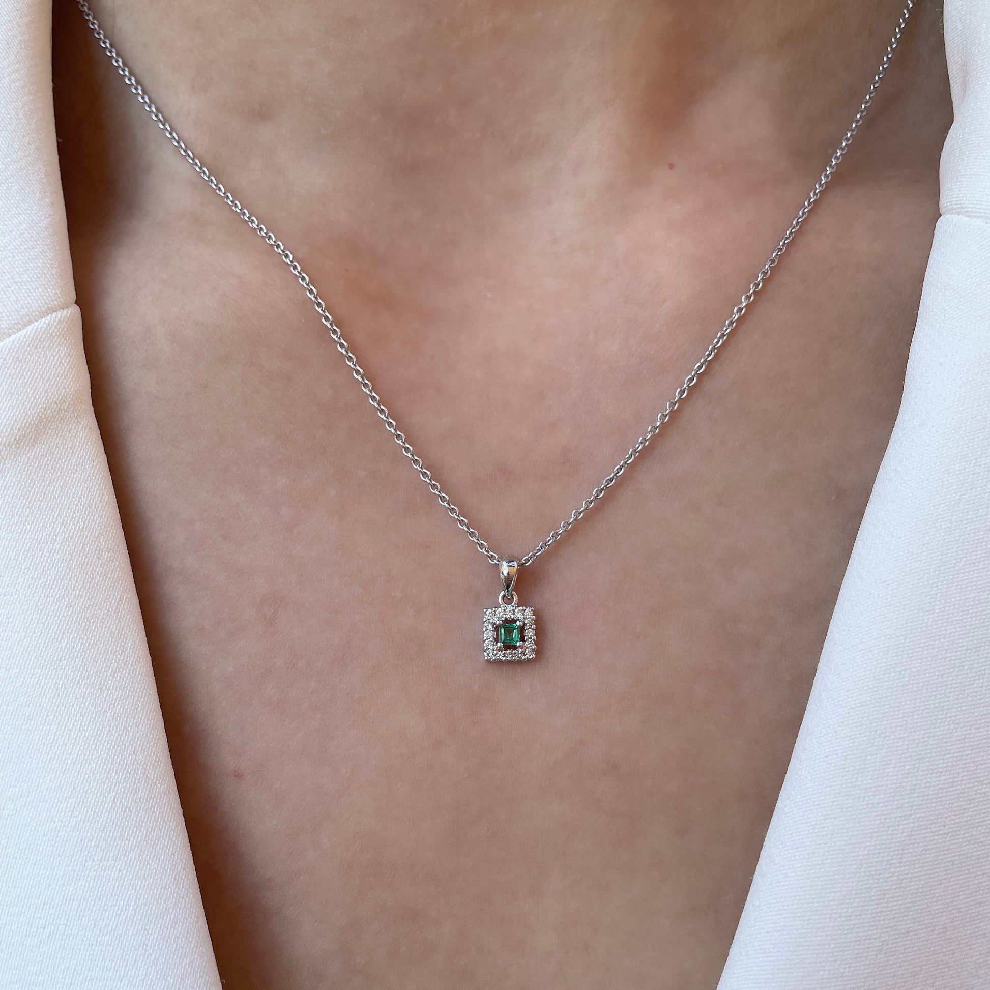 14K Solid Gold Genuine Emerald and Diamond Square Pendant (pendant only)