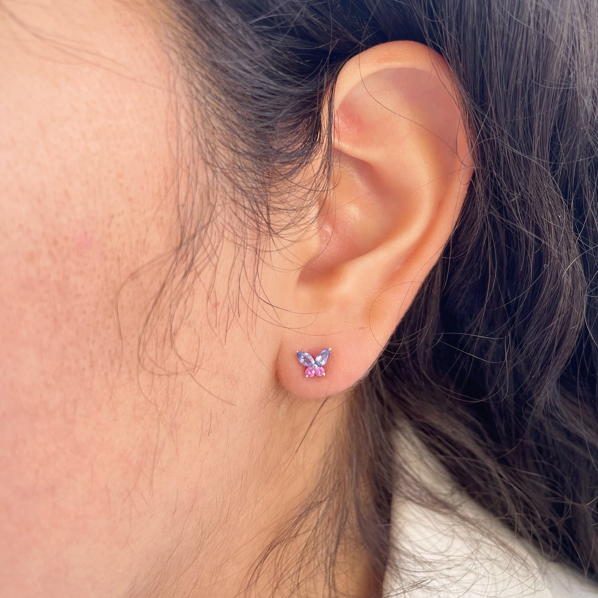 14K Solid Gold Pink Sapphire and Tanzanite Butterfly Studs
