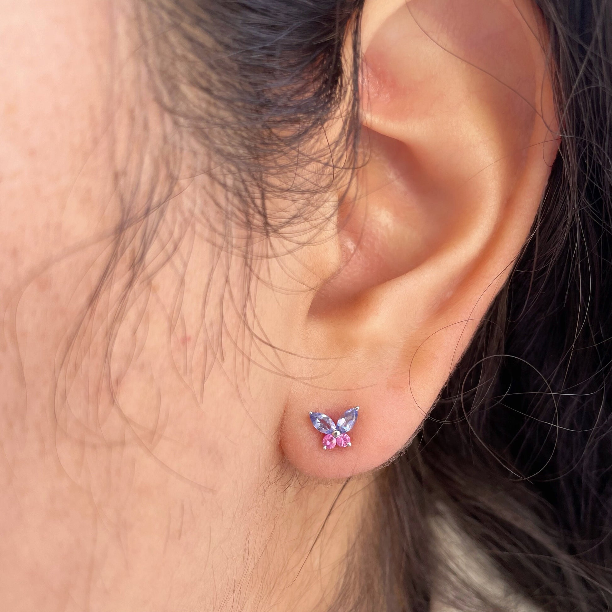 14K Solid Gold Pink Sapphire and Tanzanite Butterfly Studs