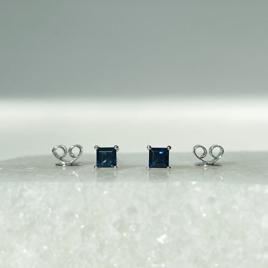 14K Solid Gold Genuine Sapphire Square Studs Earring
