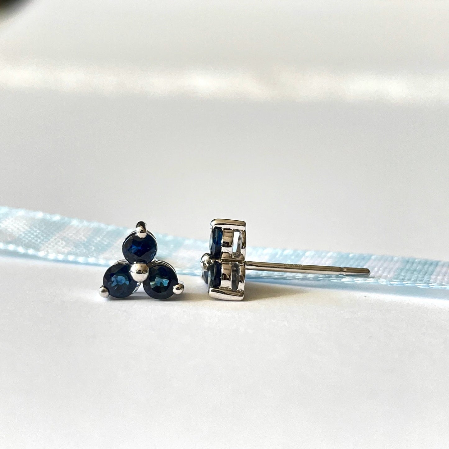 14K Solid Gold Genuine Sapphire Trio Studs / September Birthstone