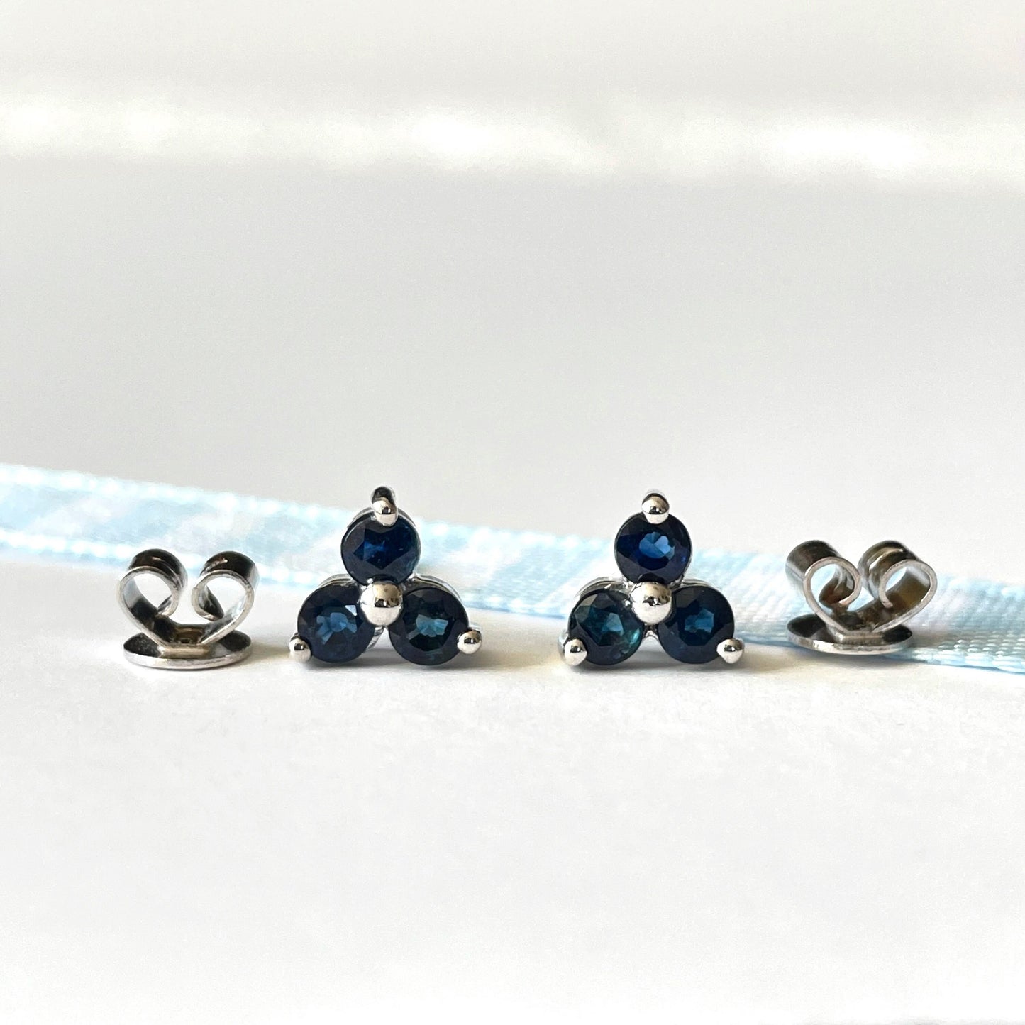 14K Solid Gold Genuine Sapphire Trio Studs / September Birthstone