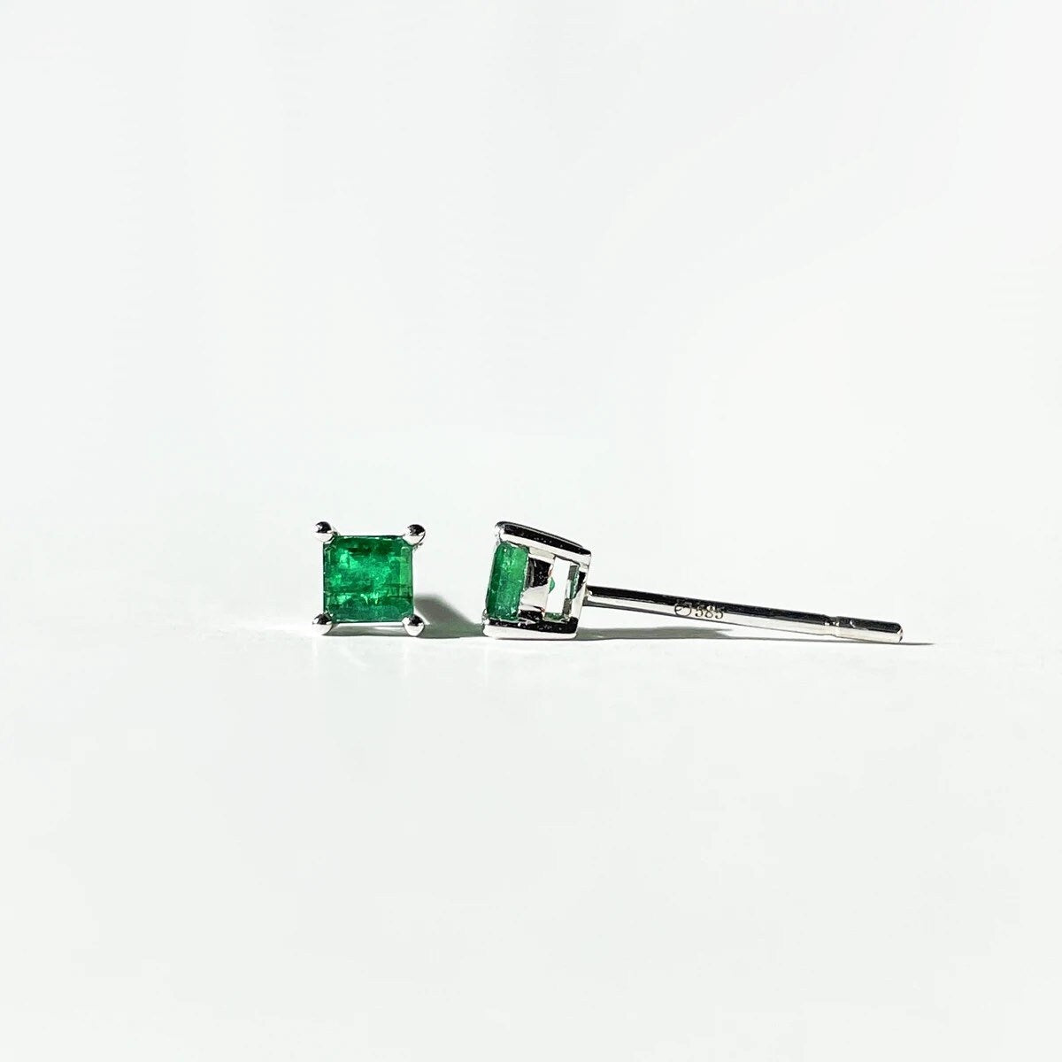 14K Solid Gold Genuine Emerald Square Studs