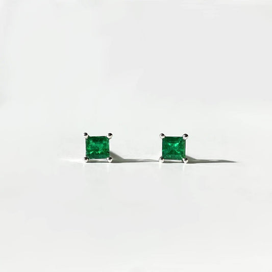 14K Solid Gold Genuine Emerald Square Studs