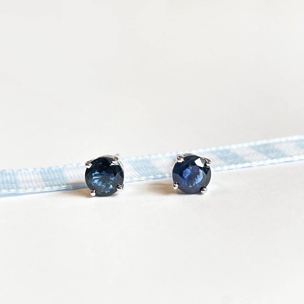 14K Solid Gold Genuine Round Sapphire Studs