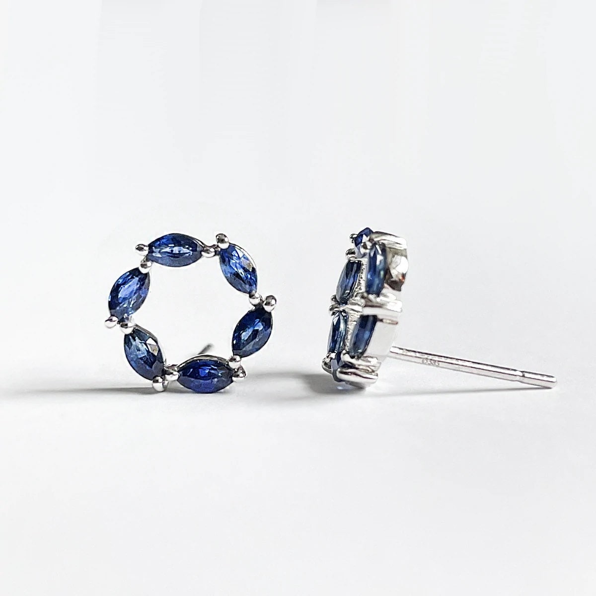 14K Solid Gold Genuine Sapphire Halo Studs