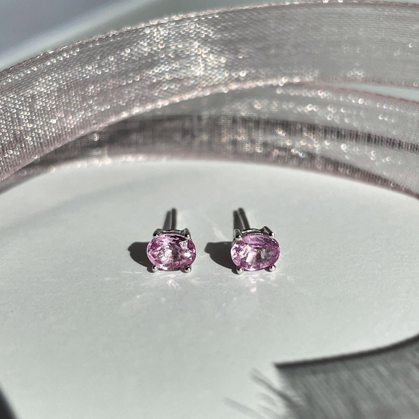 14K Solid Gold Genuine Oval Pink Sapphire Studs