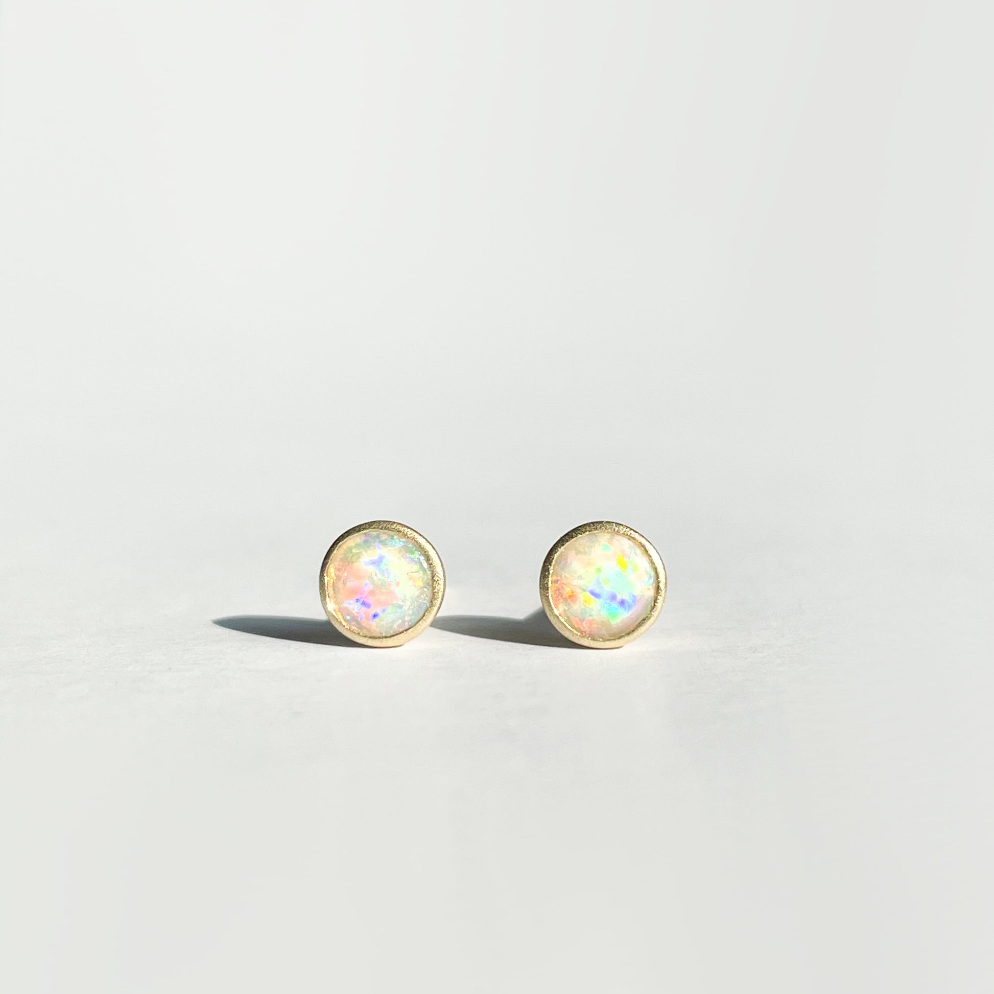 14K Solid Gold Genuine Opal Round Studs/Satin Finish/Pair